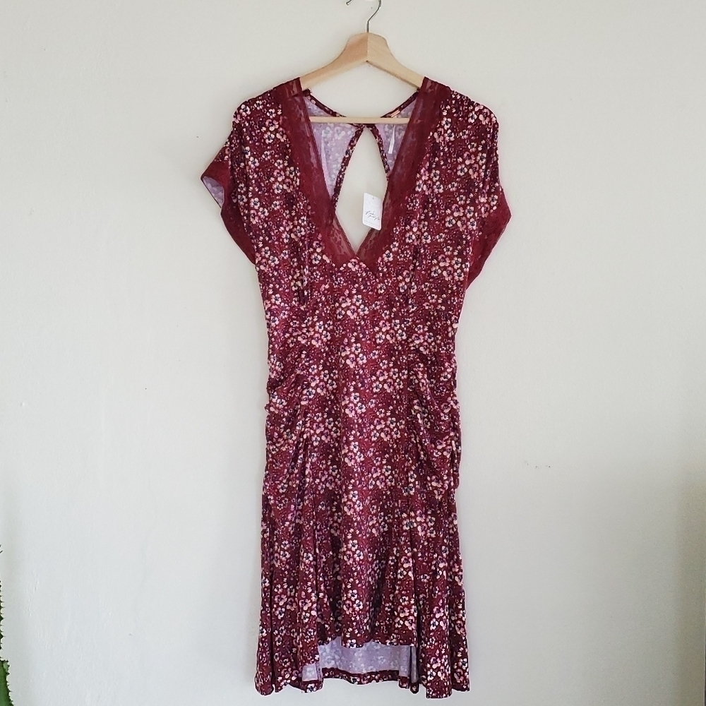 NWT Free People Sweet Talker Floral Mini Dress Burgundy Large - Picture 6 of 13